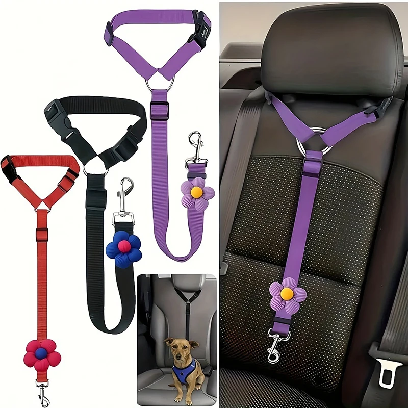 Solid Color Two-in-one Pet Car Seat Belt Nylon Lead Leash Backseat Safety Belt Adjustable Dogs Harness Collar Pet Accessories