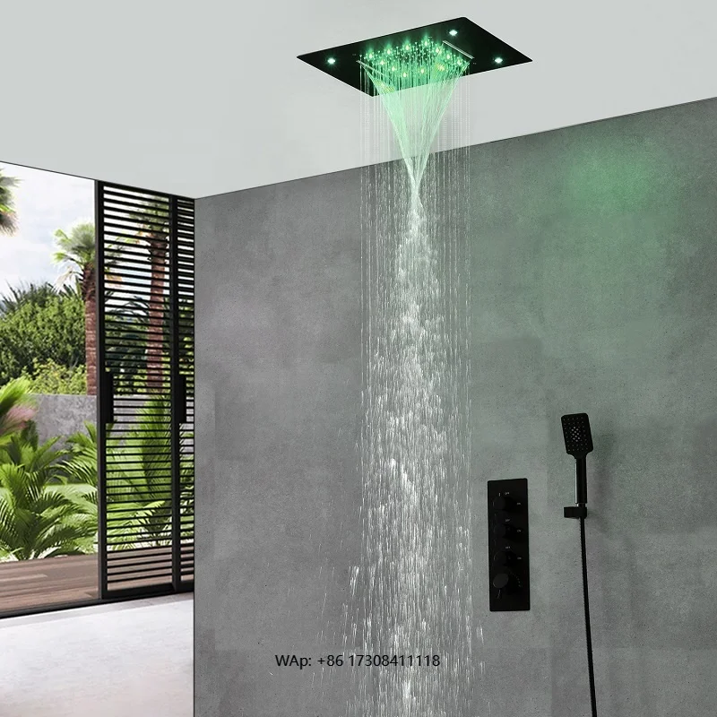 Bathroom Smart Ducha Set Luxury Bath Shower Head LED Light Black Waterfall Rain Shower System/Handheld Shower