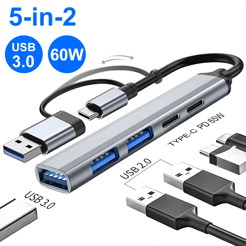 5-IN-2 USB 3.0 USB C HUB Type C to HUB PD 65W Multi USB Splitter Adapter OTG For Lenovo Macbook Pro Computer PC Tablet Laptop