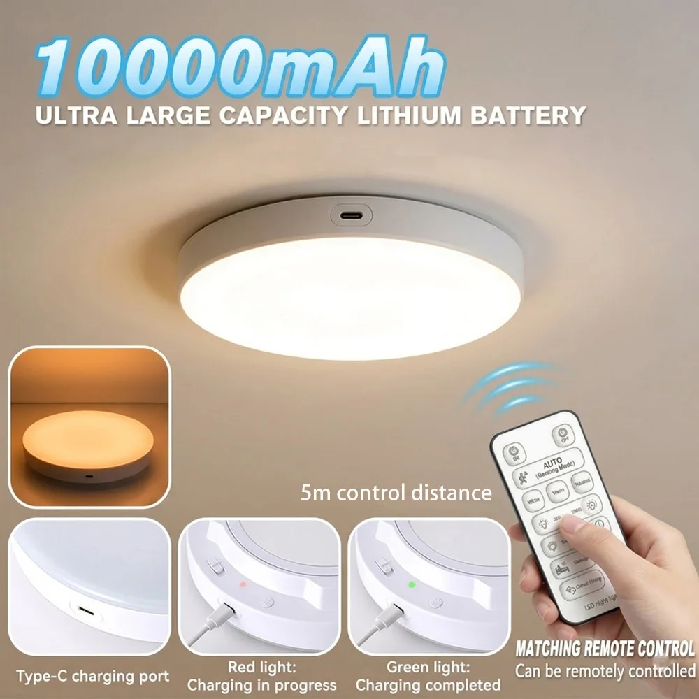 Rechargeable 10000mAh Radar Sensor Ceiling Light: Wireless Motion LED for Closet, Stairs, Kitchen & Garage (3 Color Dimming)