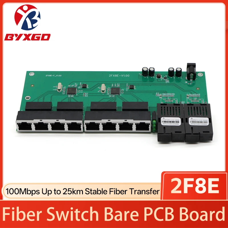 10/100Mbps 2F8E Single Mode Single Fiber Switch PCBA Bare Board, 2 SC BIDI 8 RJ45 Fast Ethernet PCB 25KM for CCTV IP Camera FTTH