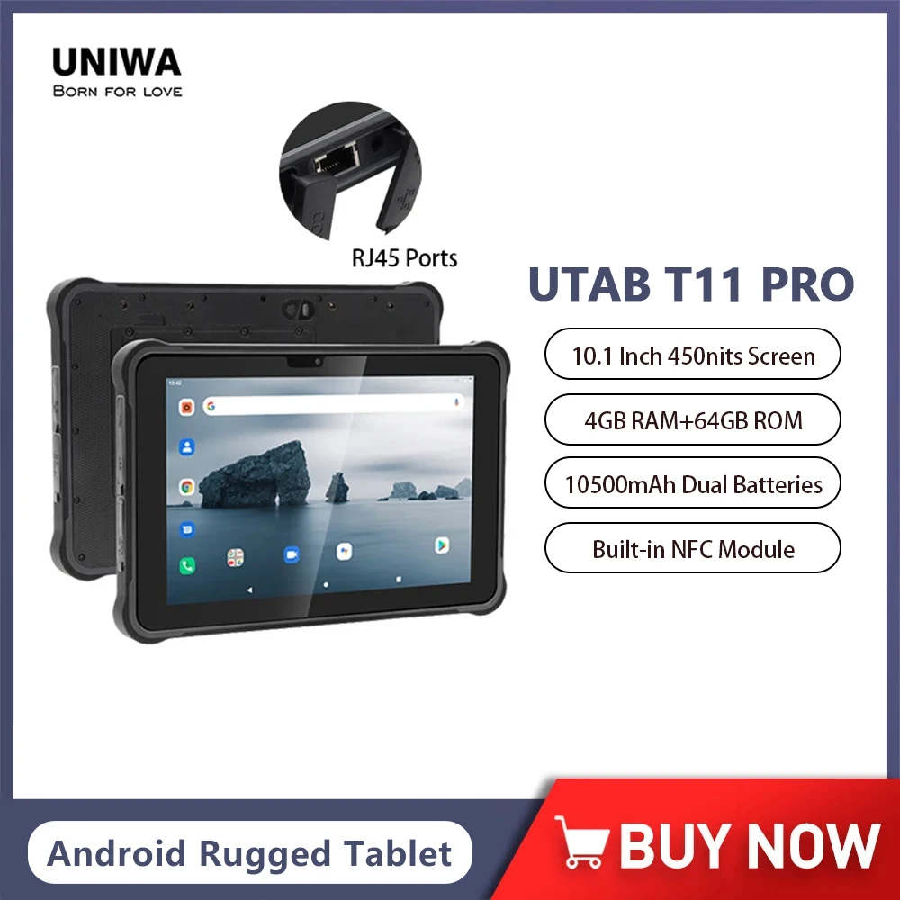 UNIWA UTAB T11 PRO 10. Inch 450nits FHD Screen 4GB+64GB Android Rugged Tablet PC 10500mAh Dual Batteries Industrial Tablets NFC