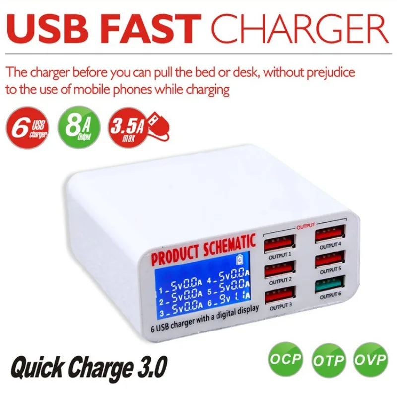 New QC3.0 8A USB Charger with LCD Display 6 Ports Desktop Mobile Phone Charger Smart Fast Charging for Smart Phones Tablet PC