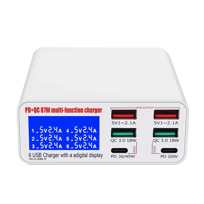 Dual QC3.0 Type-C USB Charger with LCD Display 6 Ports Dual PD Fast Charger Smart Fast Charge for Smart Mobile Phones Tablet PC