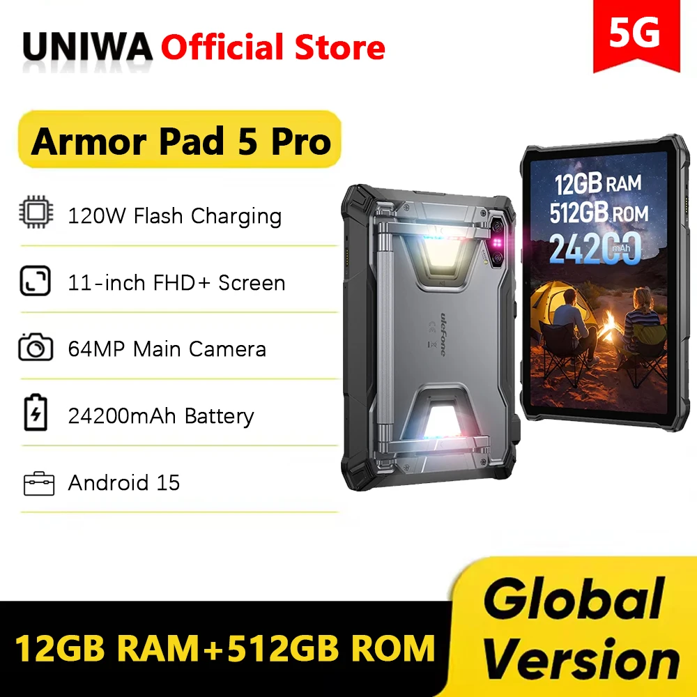 Ulefone Armor Pad 5 Pro 5G Rugged Tablet 24200mAh Battery 11 Inch 12GB 512GB Smart Pad 64MP 120W GPS Tablets PC Android 15 NFC