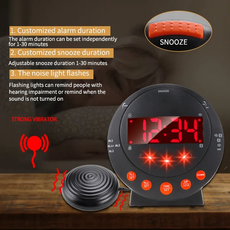 New New Digital Loud Speaker LED Flashing Light Vibrating Ring Alarm Clock Hearing Impaired Alert System for Heavy Sleepers Deaf