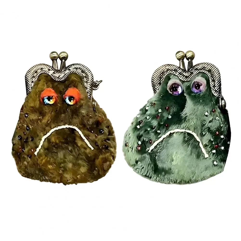 Mini Frog Storage Bag Plush Coin Purse with Metal Frame, Compact Portable Lipstick And Earphone Pouch for Travel & Daily Use