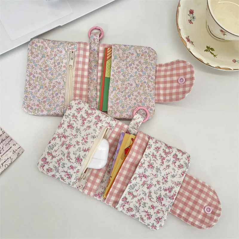 Floral Mini Pouch Wallet with Bow Snap Zipper Pocket Hanging Hook Coin Purse Card Holder for Women Travel Accessories Hot Sale