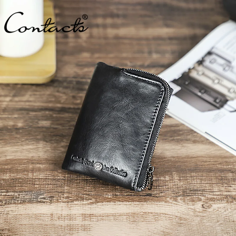 CONTACT'S Retro Genuine Leather Wallet Men Zipper Coin Purse Quality Women Money Purse RFID Travel Business Gift Card Wallet
