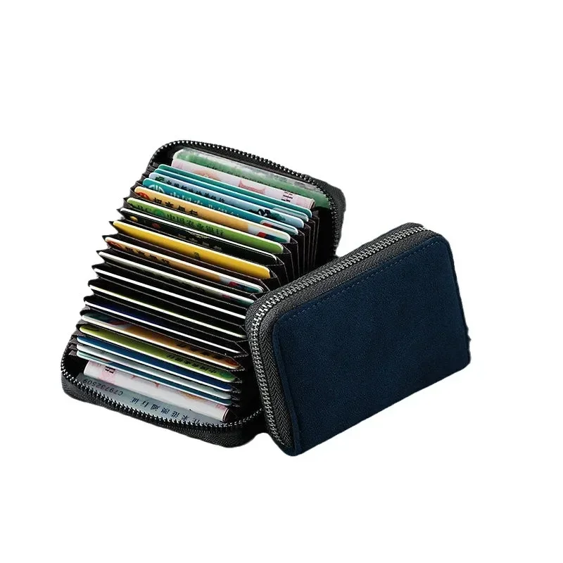 Men Women Suede RFID Blocking Accordion Card Holder Large Capacity Zipper Wallet Mini Credit ID Coin Purse For Business Travel