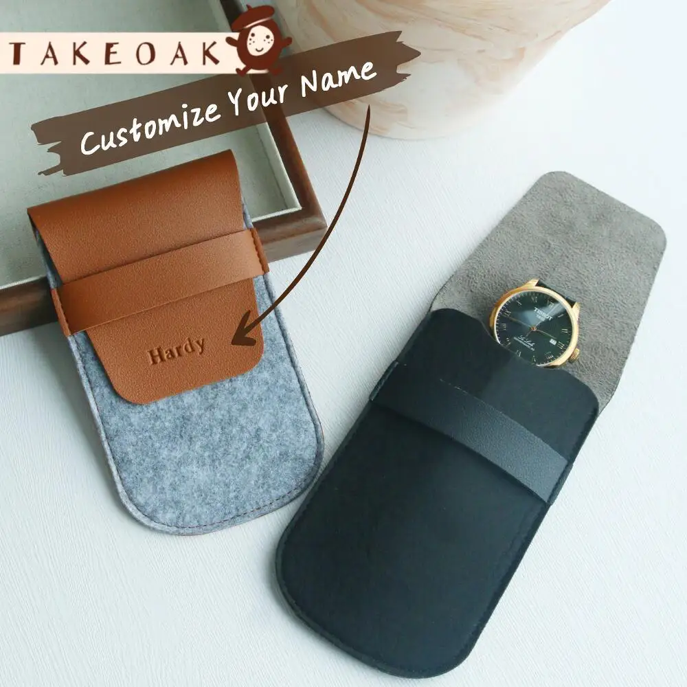 Custom Embossed Name Leather Flap Watch Pouch Felt Lined Dual Use Pen Makeup Brush Storage Bag Travel Watch Case Personalized