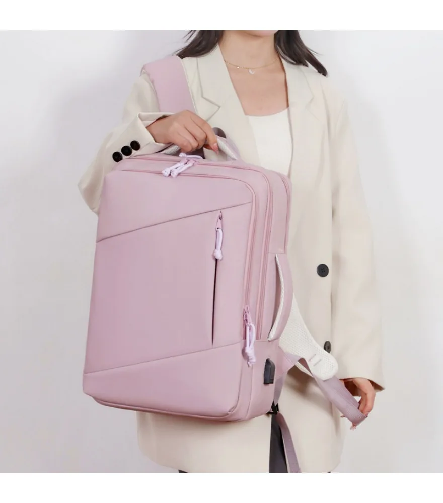 Pink slim laptop backpack with USB port water resistant fabric casual business school daypack for women fits 15.6 inch notebook