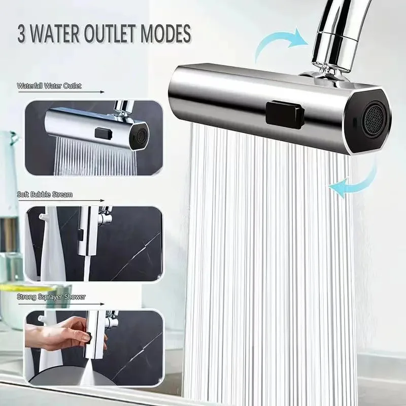 New 3 Modes Kitchen Faucet Universal Rotation Multifunction Swivel Spout Sprayer Waterfall Type Water Tap Bathroom Accessories