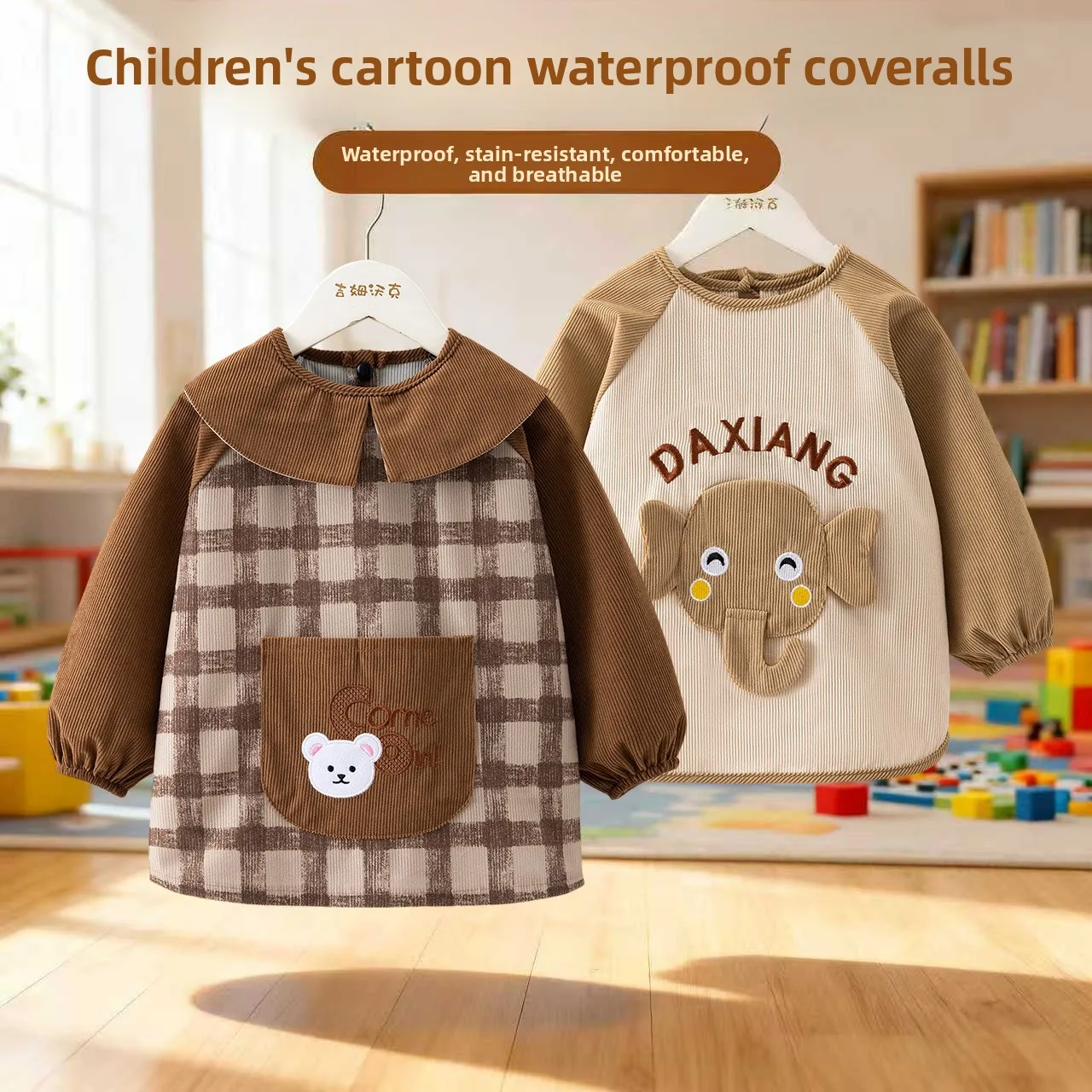 Cute Crystal Velvet Waterproof Apron, Children's Dining Anti Dirty Bib Cover, New Long Sleeved Drawing Apron Kitchen Accessories