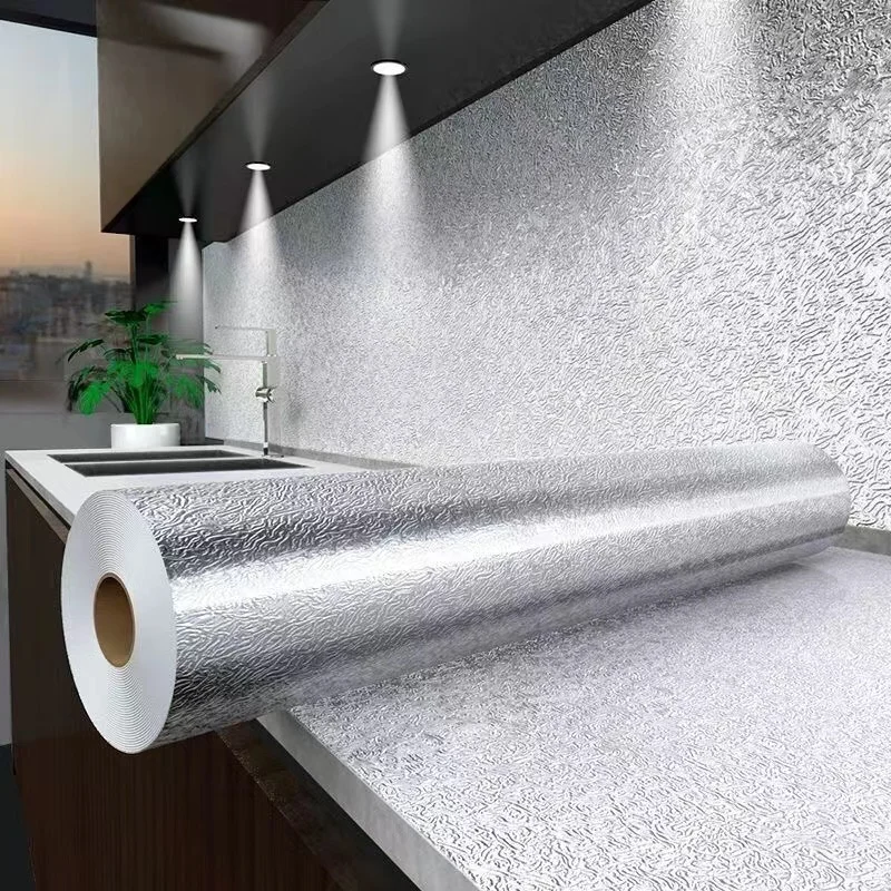 60cm*1m Self-Adhesive Stickers Oil-proof Shelf Liner Waterproof Drawer Liner Aluminum Foil Kitchen Accessories Wall Stickers