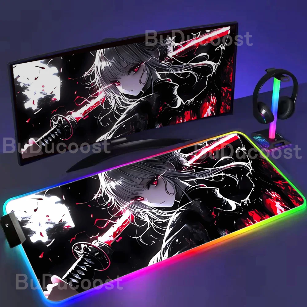 Kawaii Anime Sword Girl RGB Mouse Pad Large Gaming Mouse Pad Large Game Accessories Computer Keyboard Pad XXL 400x900mm Desk Mat