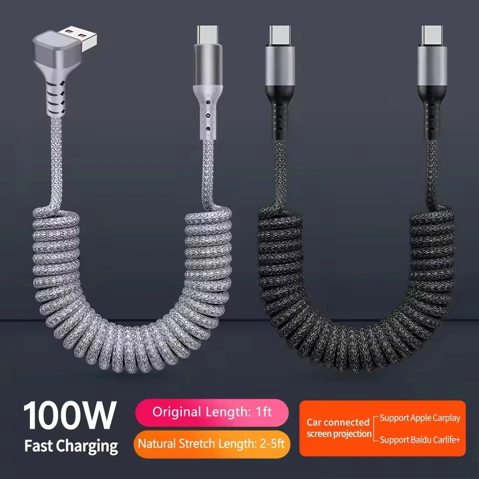 90° USB-C to type C Coiled Charger Cable Retractable Fast Charging Braided Cord for iPhone 17/16/15 Samsung Galaxy S25 S24