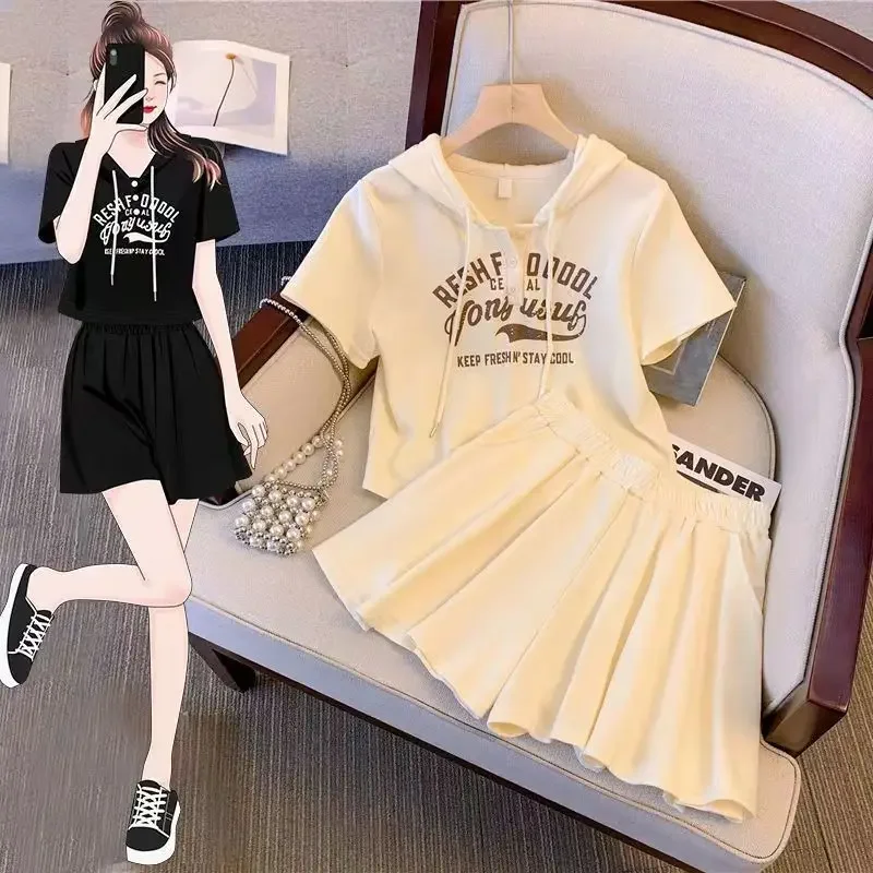 Summer Plus Size Short Sleeve Outfit Sets Hoodie Shorts Two Piece Set Casual Sporty Women Slim 2pcs Girl Streetwear 2025 New