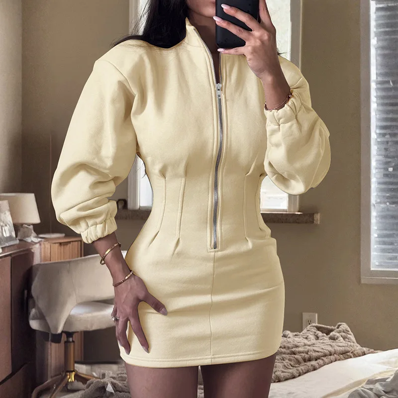 STYLISH LADY Waist-Cinched Hoodie Dress 2025 Autumn Women Long Sleeve Stand Neck Zipper Up Casual Street Mini Vestidos De Festa