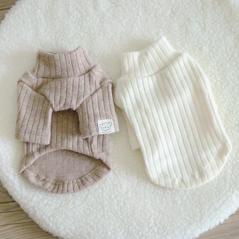 Fashion Striped Pet Clothes High Neck Base Shirt Cute Knitted Top with Plush Pet Coat Teddy Bear Shirt Home Hoodie for Small Dog
