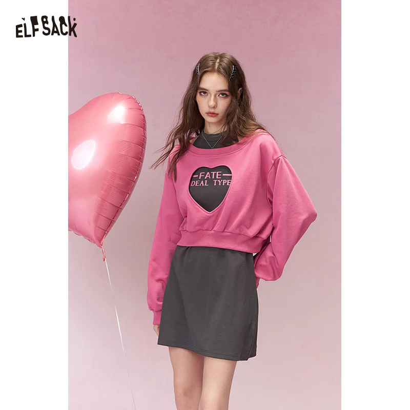 ELFSACK Sweet Heart Cutout Color Blocking Two Piece Hoodie Dress For Women