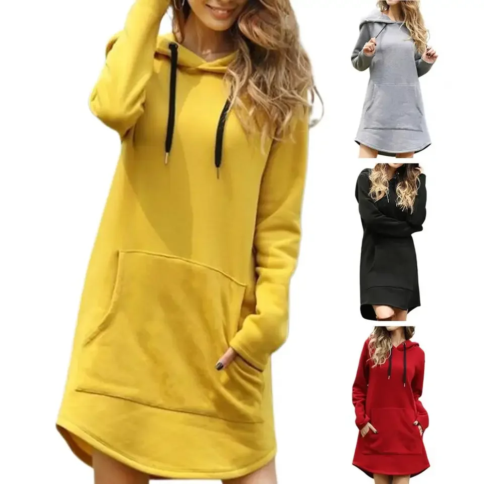 Fashion Pocket Splicing Hoodie Dress 2025 Spring Autumn New Women's Hooded Trendy Long Sleeve Solid Color Mini Dress Streetwear