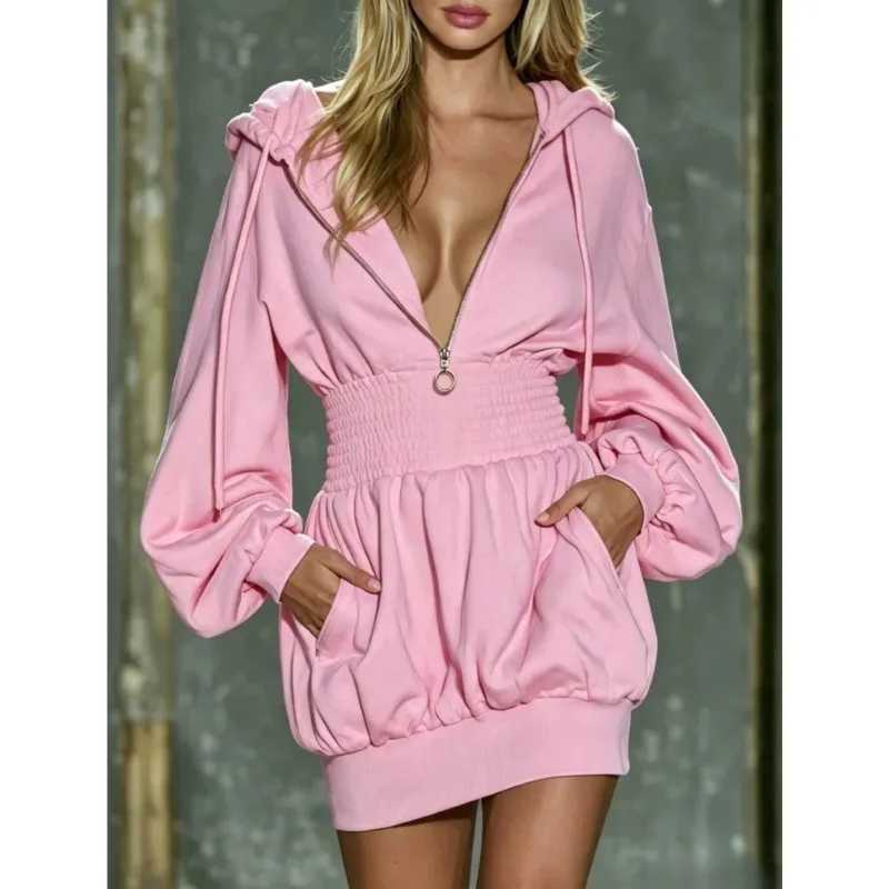 Y2k Fashion Solid Hoodie Mini Dress Women's Autumn Long Sleeved High Waisted Dresses With Pockets Lady New Hot Selling Vestidos
