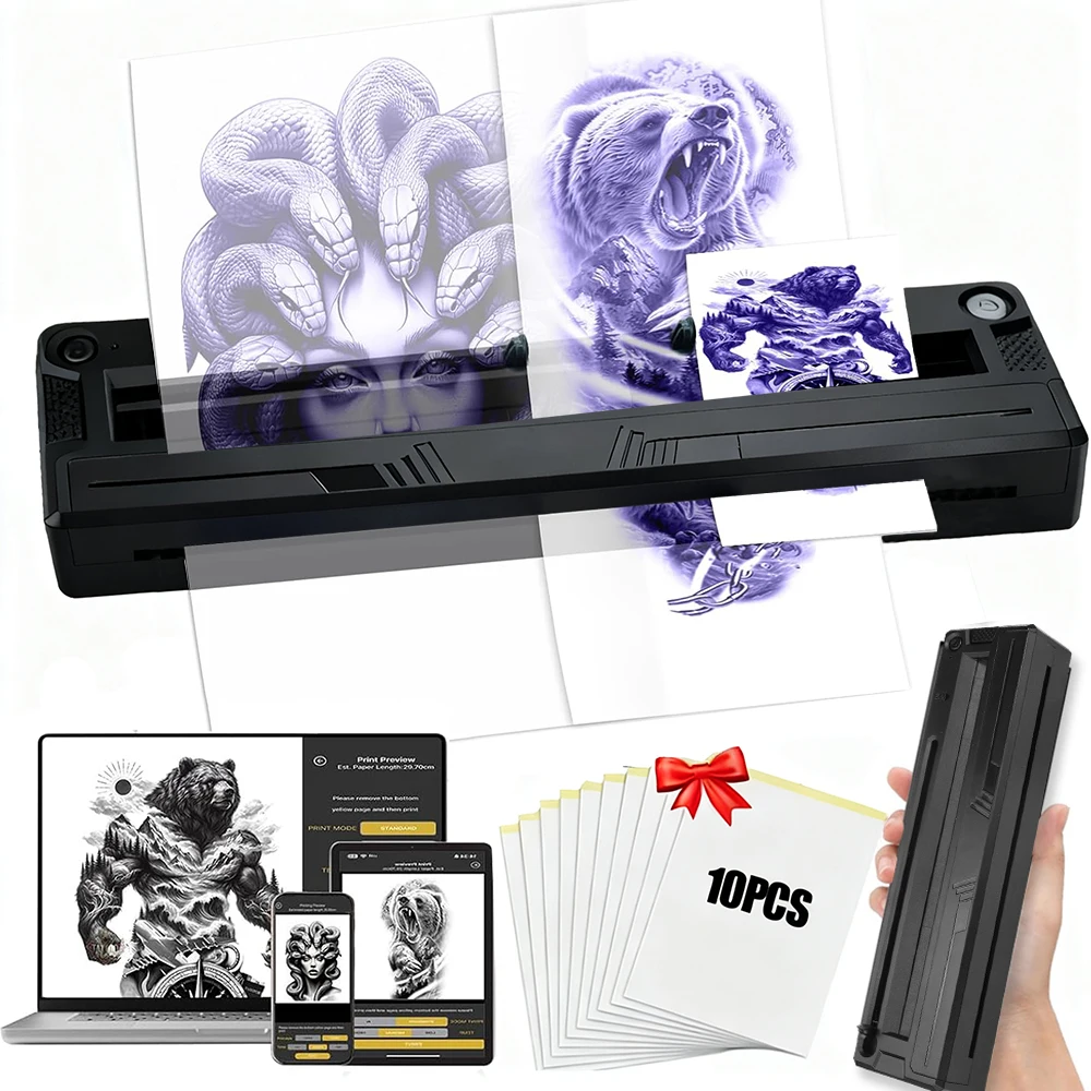 Wireless Tattoo Printer Bluetooth Tattoo Stencil Thermal Transfer Machine with 10 Transfer Paper Compatible with Smartphone & PC
