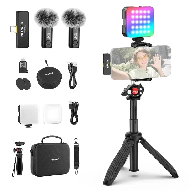 2026 Comprehensive RGB Light Wireless Microphone and Extendable Selfie Stick Tripod PA048 Phone Vlog Kit