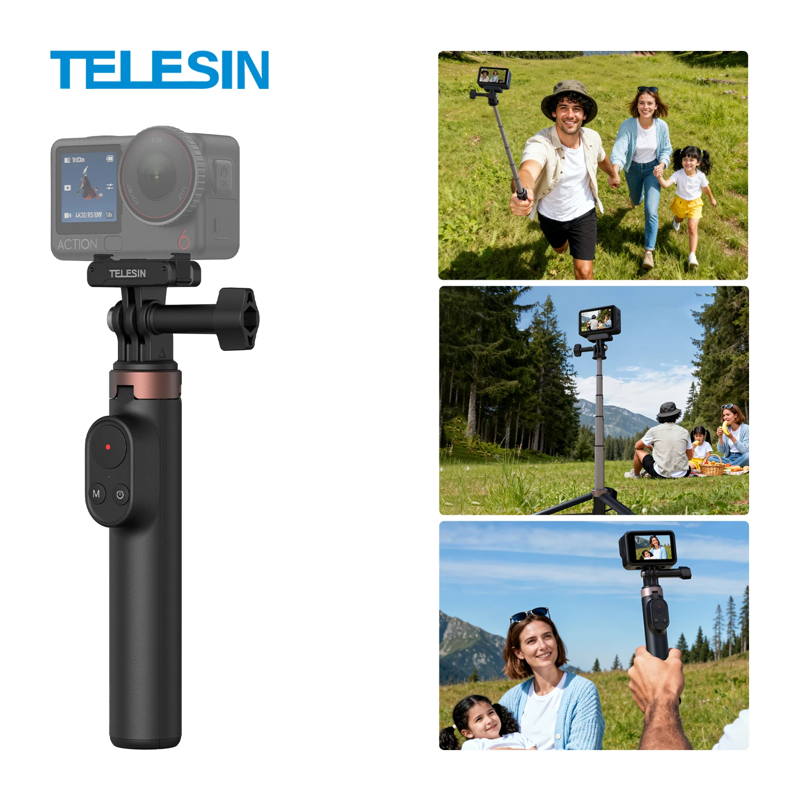 TELESIN 3 In 1 Wireless Selfie Stick Tripod with 80M Bluetooth Remote Control Extendable Tripod For DJI OSMO Action 4 5pro 6 360