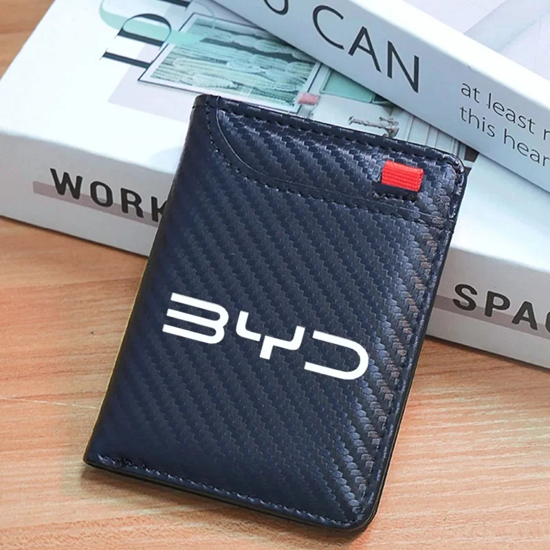 Genuine Leather Slim Car Card Wallet for BYD Seal Dolphin Yuan Plus Seal U Frigate 07 Tang EV Carbon Fiber Mini Men Purse Holder