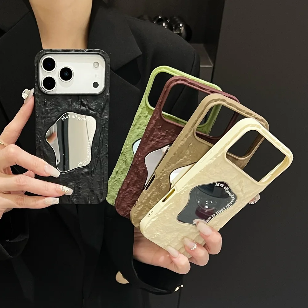 Fashion Solid Color Phone Case for iPhone Air 17 16 15 14 13 12 Pro Max with Back Mini Mirror