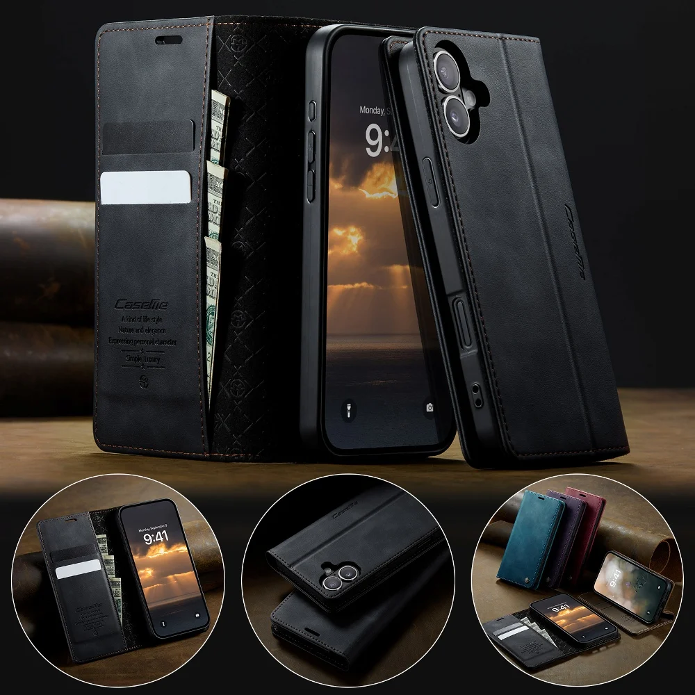 Solid Color Leather Flip Wallet Card Case Phone Cover For iPhone 16e 15 Pro Max 14Plus 13 Pro 12 Mini 11 Xs Max XR SE 6 7 8 Plus