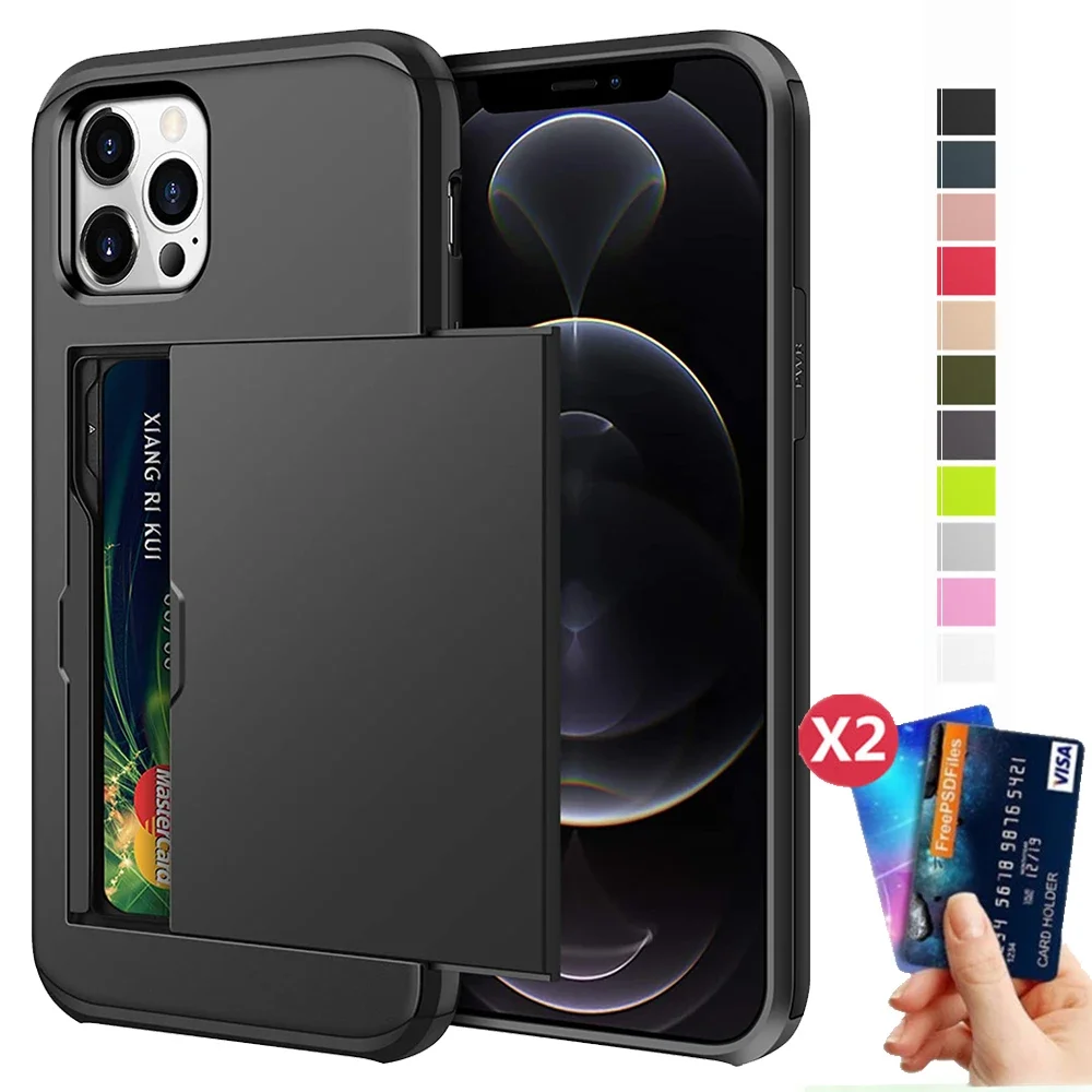 Armor Slide Card Case For iPhone 15 14 13 Pro Max 12 Mini 11 12 Pro Max XS Max XR X Card Slot Holder Cover Wallet Slide Cover