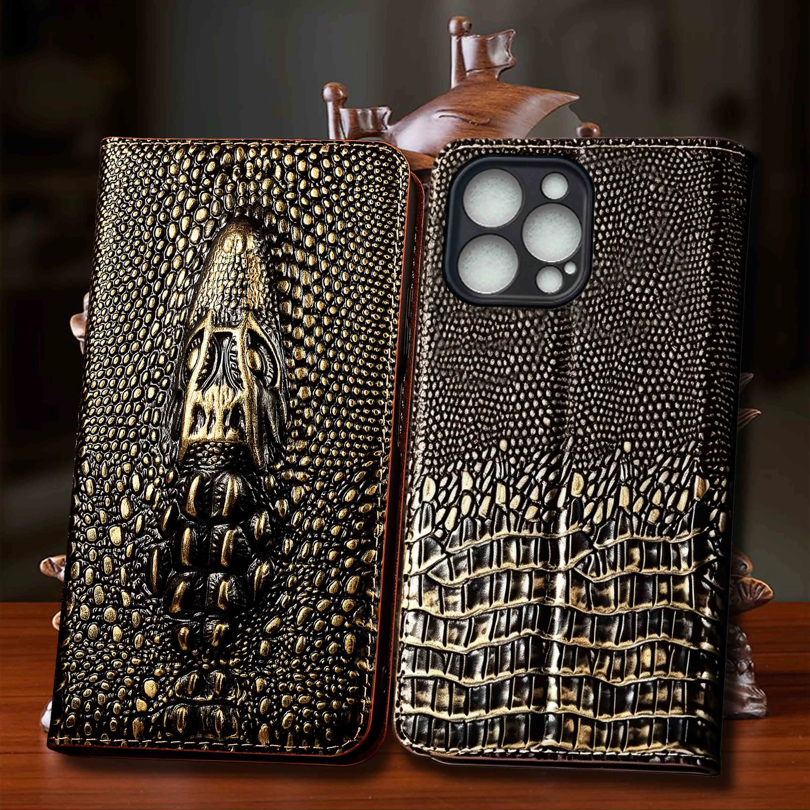 Vintage Crocodile Head Genuine Leather Flip Case For Apple iphone X XS XR 11 12 13 14 15 16 16e 17 Pro Max Plus Air Mini Wallet