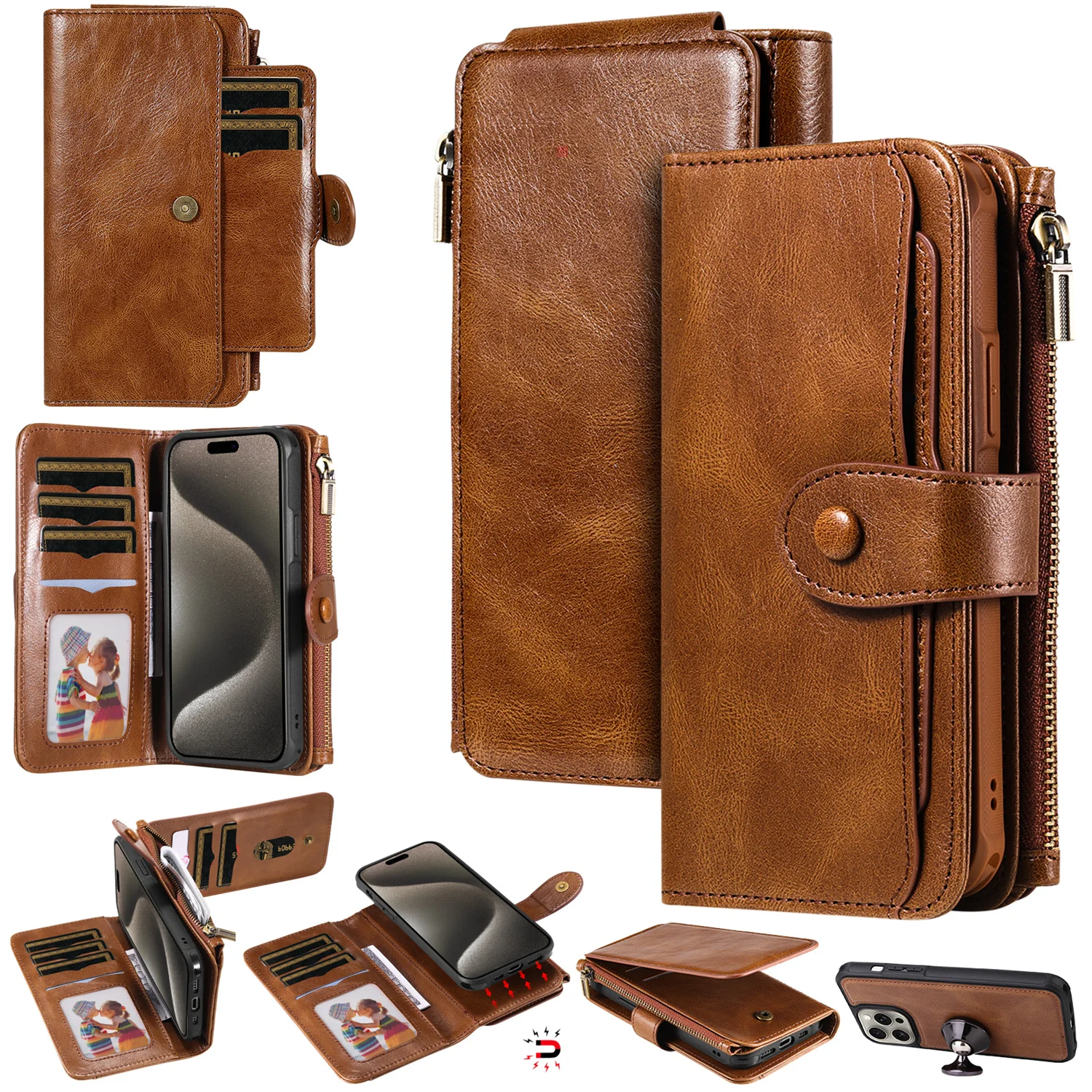 Luxury 2 in 1 Detachable Retro Leather Case for iPhone 16 Pro Max  XR Xs Max 11 Pro 12 13 Mini 14 15 16 Plus Zipper Wallet Purse