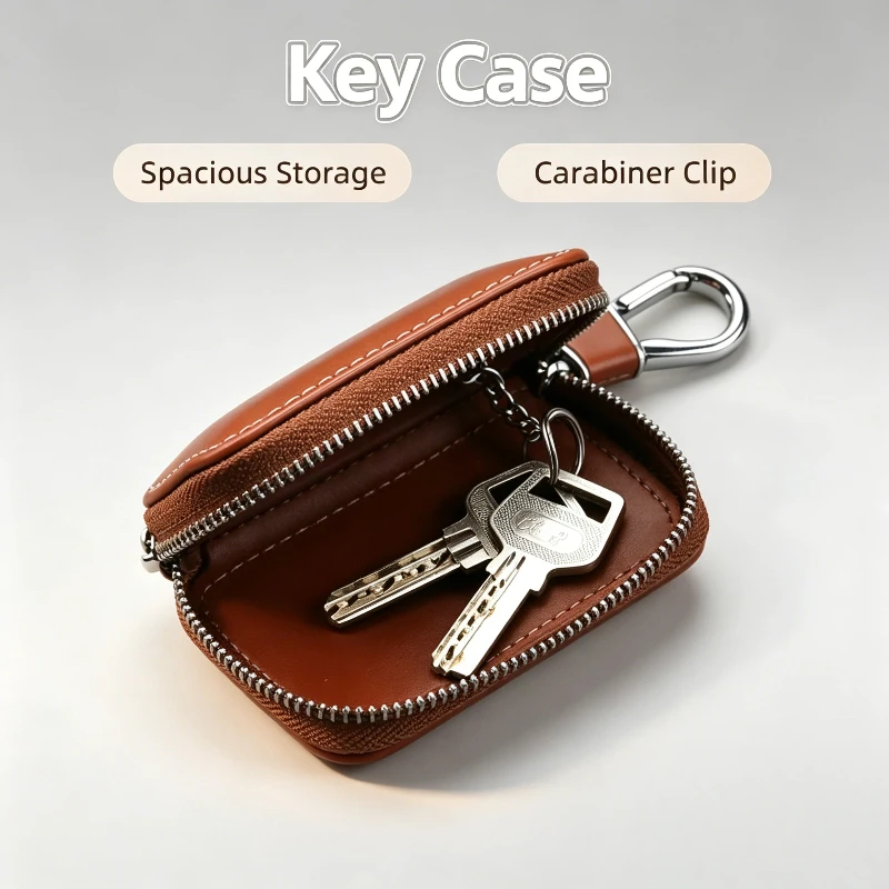 Car Key Case with Zipper Premium Leather Key Fob Pouch Waterproof Scratch Resistant Portable Key Wallet Car Interior Accessories
