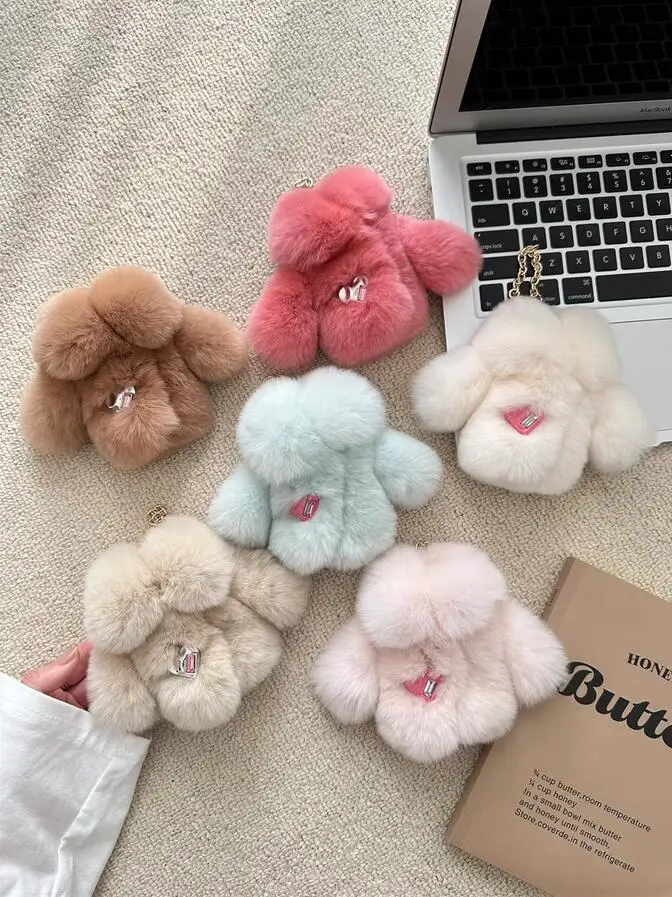 Women Portable Real Rex Rabbit Fur Key Holder Bag Case Wallet Housekeeper Holder Car Keychain Solid Storage Bag