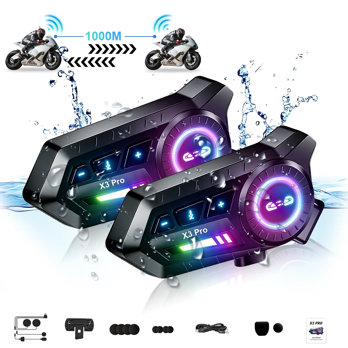 X3 Pro Motorcycle Helmet Bluetooth Intercom 6.0 Headset 1000M 8 Riders Group Interphone IP67 Waterproof Music Sharing FM Radio