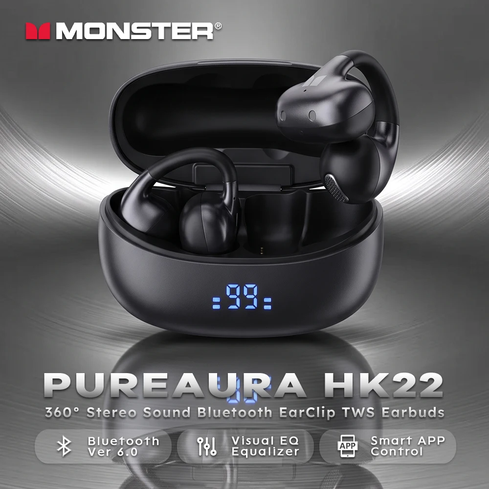 Monster HK22 Earclip Ear Buds 360° Stereo Sound Bluetooth 6.0 Earphones Clip on Ear TWS Wireless Earbuds with APP EQ Equalizer