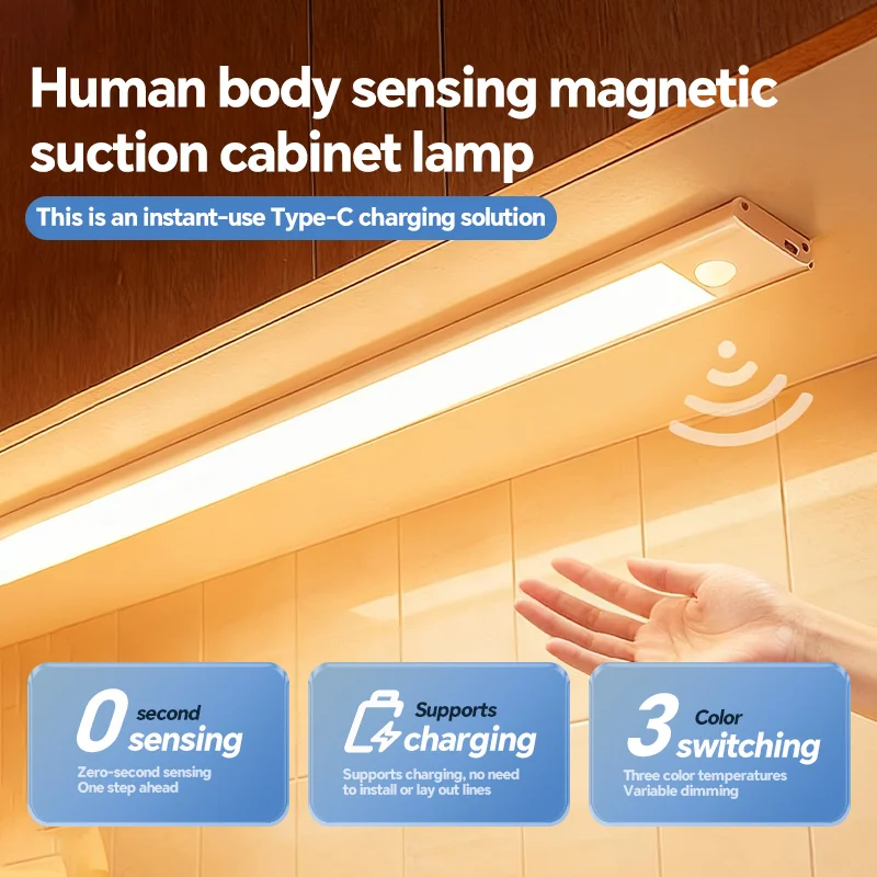 USB Rechargeable Motion Sensor LED Light Bar Type C Wireless Magnetic Cabinet Closet Wardrobe Under Cabinet Lighting