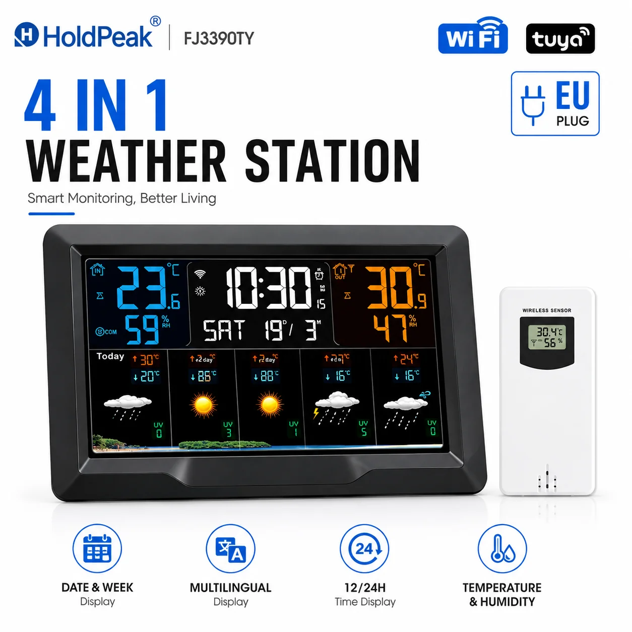 WiFi Weather Station Indoor Outdoor Thermometer Hygrometer 3 Sensors Color Display 5-Day Forecast Temp Humidity Monitor for Home