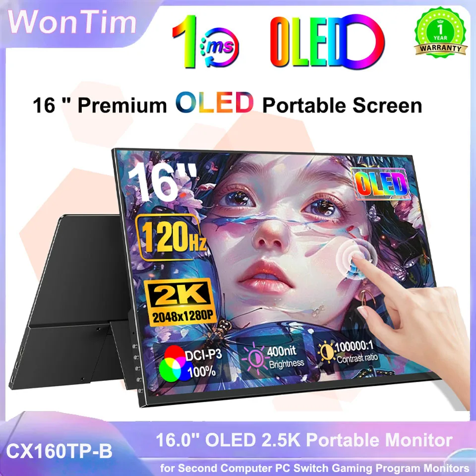 WonTim 16.0'' OLED Portable Monitor 2560x1600p Metal Frame with Stand 100%DCI-P3 Office Travel Display Extender for Laptop Mac