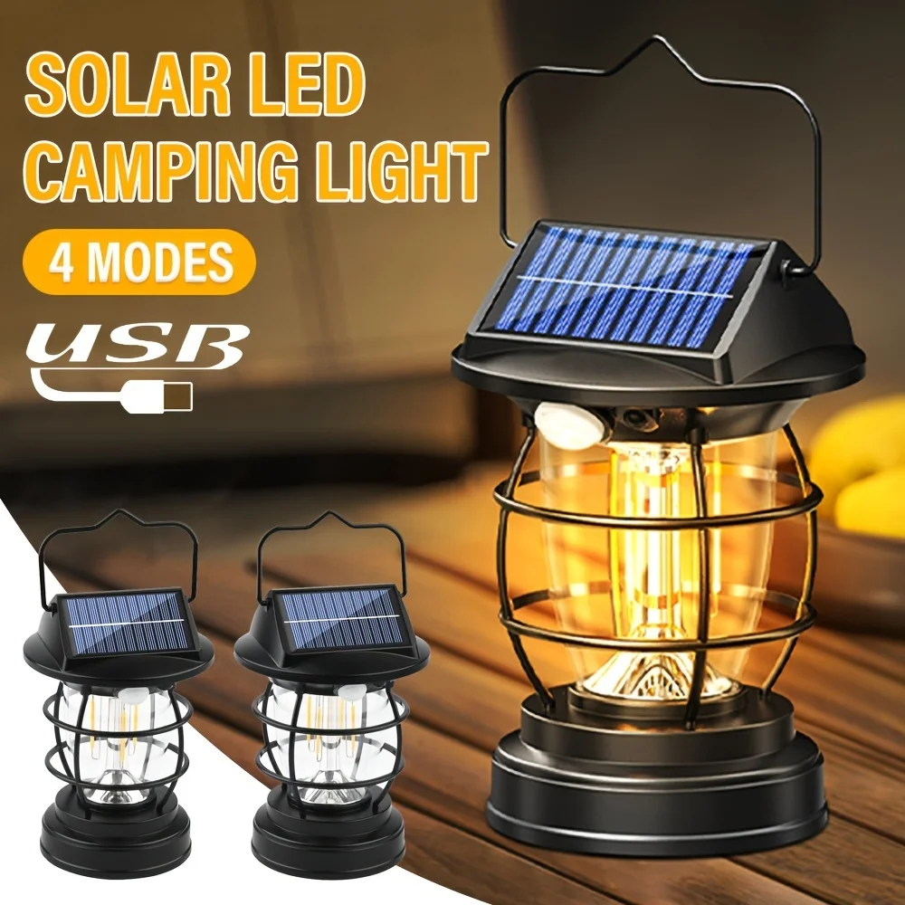 E2 Rechargeable Solar Camping Lantern Portable Electric Light, LED Flashlight, Retro Portable Carrying Work Light, 4 Light Modes