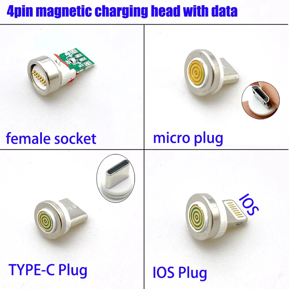 4 Pin Magnetic Charging Cable Plug Adapter, 5 pcs., for Micro Mobile Phone Type C, 360 Degree Rotation Magnetic Tips Spare Parts