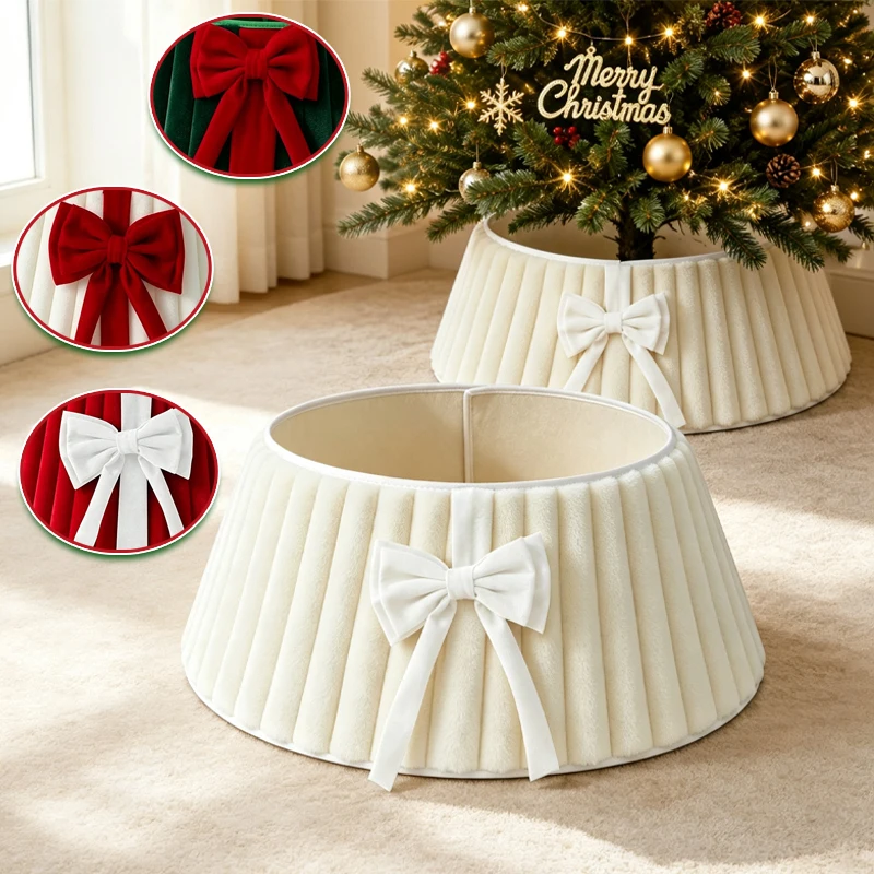 New Plush Christmas Tree Collar with Bow Foldable Velvet Tree Ring Base Cover Xmas Holiday Home Decor for Christmas Tree Stand