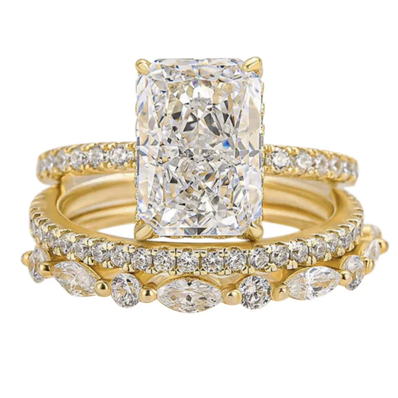 Gold Plated Coppers925Sterling Silver Super Sparkling Ice Flower Moissanite Ring Set High-Quality Light LuxuryinsCustom
