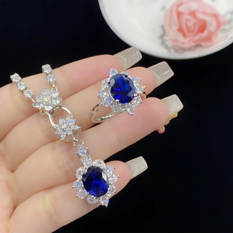 Spinel Blue Corundum Fluorescent Light Color-Changing Open Ring for Women Elegant Pendant Two-Piece Set