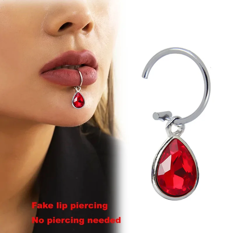 1Pc Fake Piercing Lip Clip Personality Waterdrop Crystal Cross Pendant  Stainless Steel Fake Septum Lip Piercing Labret Ring