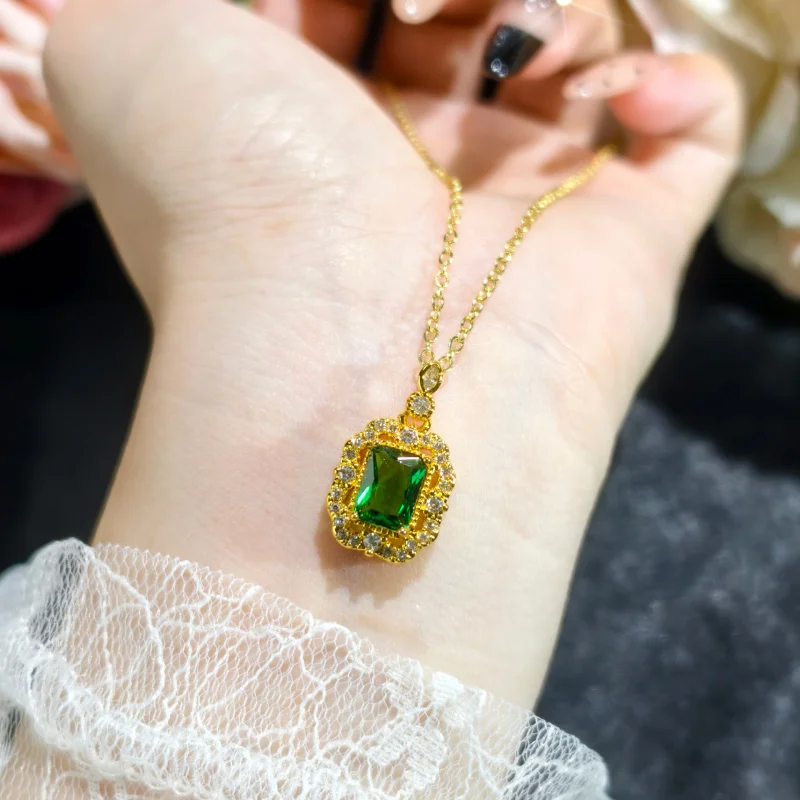 Niche Light Luxury Palace Retro Small Rectangular Green Diamond Cluster Pendant Earrings Open Ring Women Elegant Three-Piece Set